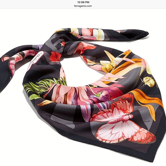 Salvatore Ferragamo Scarf Butterfly Flowers Black Multicolor Silk Wrap - Picture 8 of 16